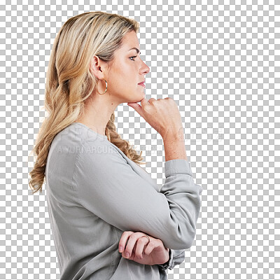 Woman, profile and thinking with hand on chin to remember memory isolated on a white background. Female person with hand gesture to think of question, solution or brainstorming plan or goal in studio