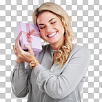 Happy, person and woman with a gift, surprise and special event with a winner against studio background. Female model, smile and lady with a present, celebration and excited with parcel and package