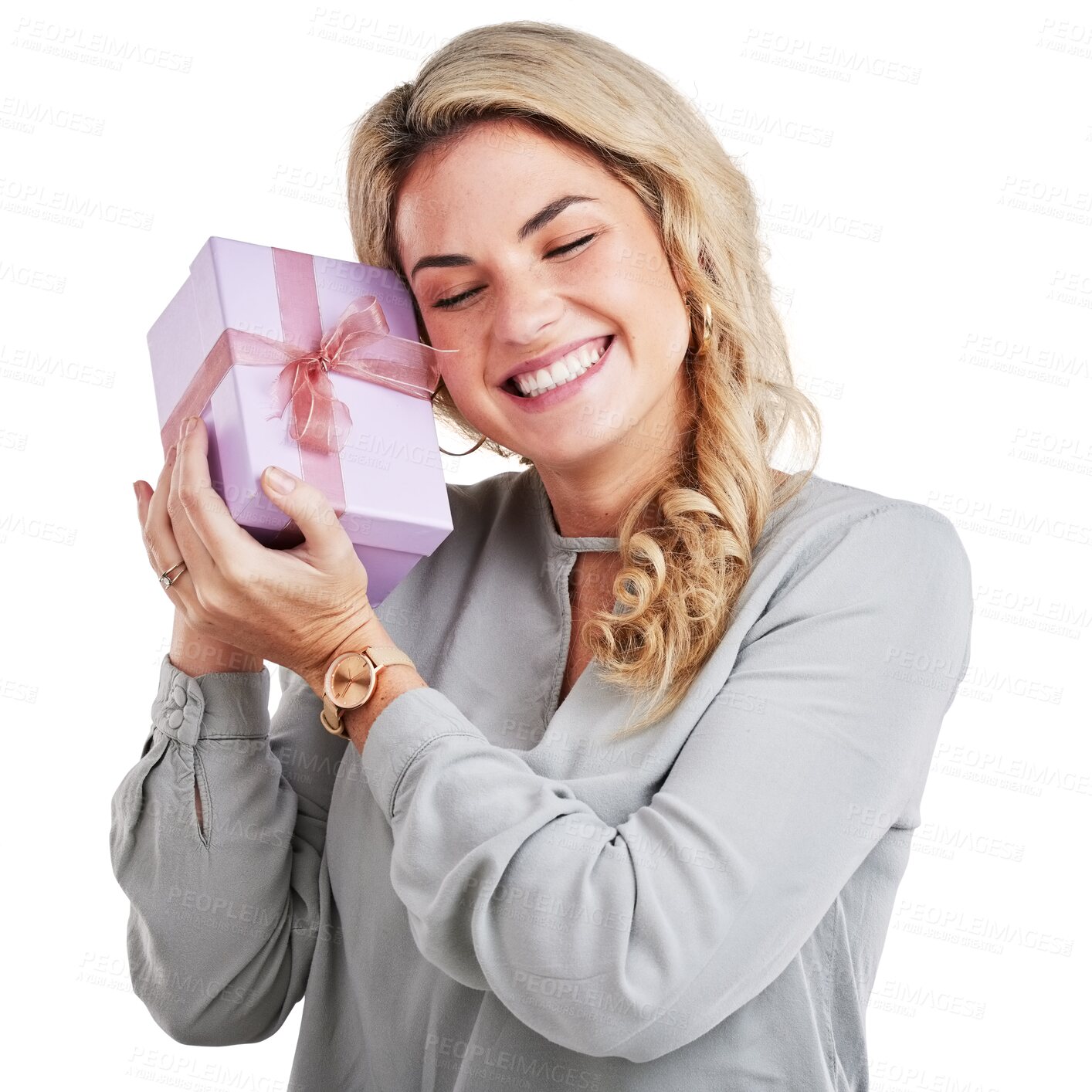 Buy stock photo Woman, eyes closed and gift box with happy, smile and holding present on isolated transparent png background. Girl, model and bow ribbon with package, giveaway and excited for birthday celebration