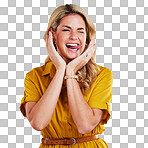 Woman, comic face and sticking out tongue in studio for a funny expression with hands and wink. Female model person being silly on yellow background with a crazy and happy emoji or facial expression