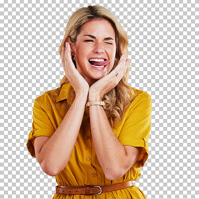 Buy stock photo Woman, comic face and tongue or happy for a funny expression with hands and wink. Female model, person and silly on a png transparent background with a crazy and smile emoji or facial gesture