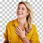 Woman, laughing and happy in studio with joke, comedy or funny reaction against gradient yellow background. Comic, relief and female laugh, relax and meme, good mood and happiness while isolated
