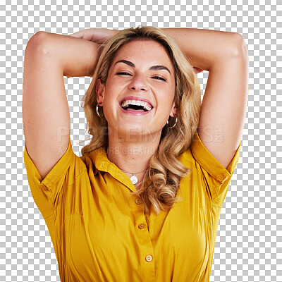 Buy stock photo Portrait, smile and a happy young woman isolated on a transparent background to relax for wellness. Face, beauty and skincare with a young person on PNG for freedom or self love and expression