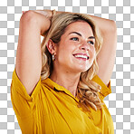 Happy woman, studio and yellow background of a model with a smile and feeling carefree. Relax, isolated and young female person with youth, gen z style and happiness in trendy fashion clothes