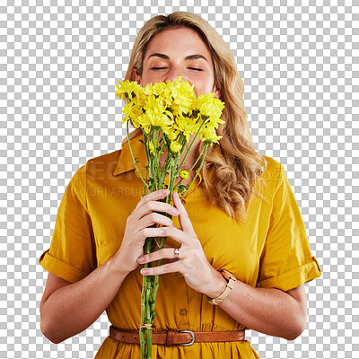 Portrait, smelling and woman with flowers in studio isolated on a yellow background. Floral, bouquet and person sniff, aroma or scent with female model holding natural plants and fresh flower.
