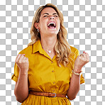 Woman, fist celebration and shout in studio for winning, goals or success with happiness by yellow background. Girl, happy and winner with crazy screaming for bonus, profit or prize from competition