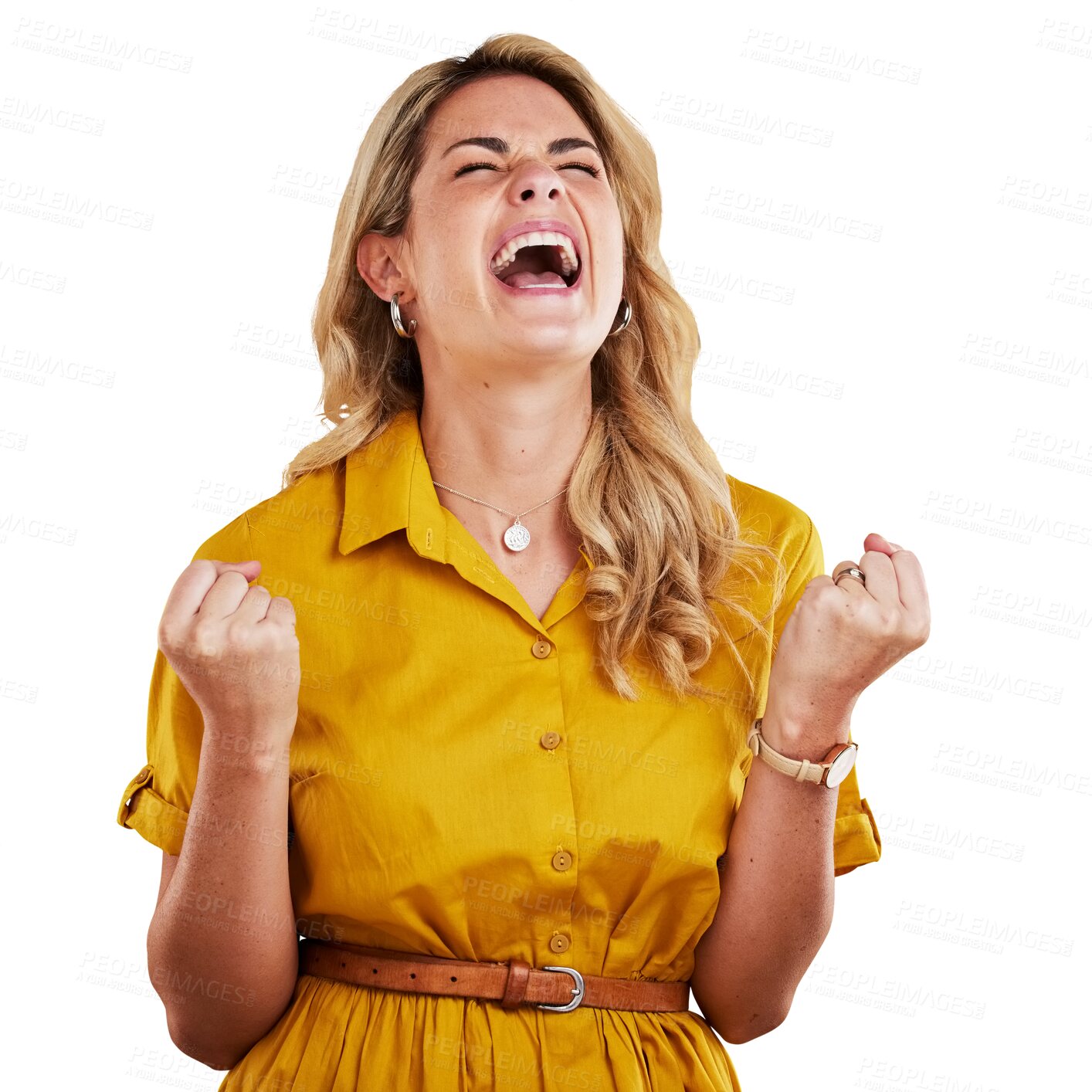 Buy stock photo Excited woman, fist pump and celebration for winning, promotion or bonus isolated on a transparent PNG background. Happy female person screaming for profit, prize or competition on deal or good news