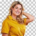 Portrait, smile and carefree with a woman on a yellow background in studio feeling positive. Face, happy and kindness with an attractive young female gen z model looking cheerful against a color wall