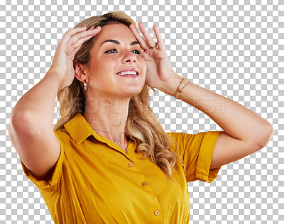 Buy stock photo Isolated woman, thinking and smile with hair, ideas or yellow shirt for fashion by transparent png background. Girl, happy and vision with brainstorming for decision, clothes or hairstyle with choice