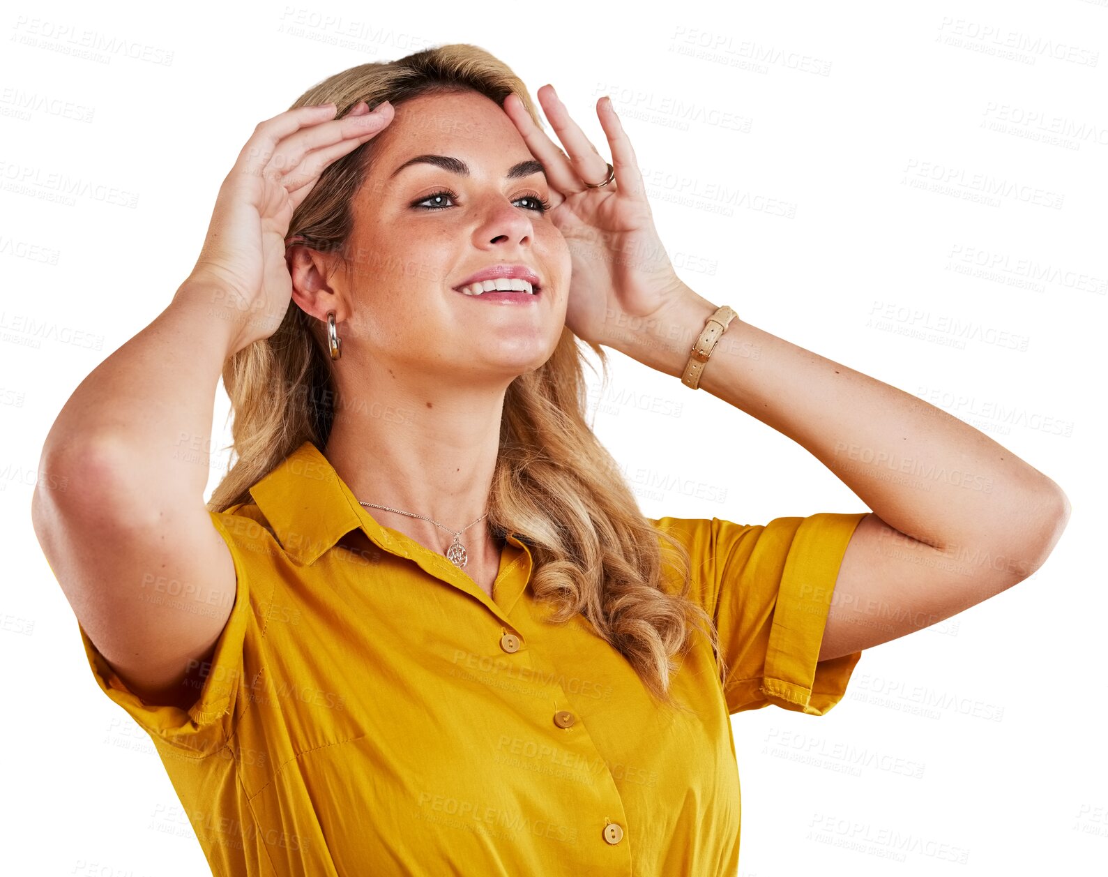 Buy stock photo Isolated woman, thinking and smile with hair, ideas or yellow shirt for fashion by transparent png background. Girl, happy and vision with brainstorming for decision, clothes or hairstyle with choice