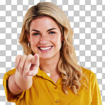 Recruitment, happy and portrait of a woman pointing finger isolated on a yellow background in a studio. Smile, hiring choice and an hr manager with a gesture for a decision, support and opportunity