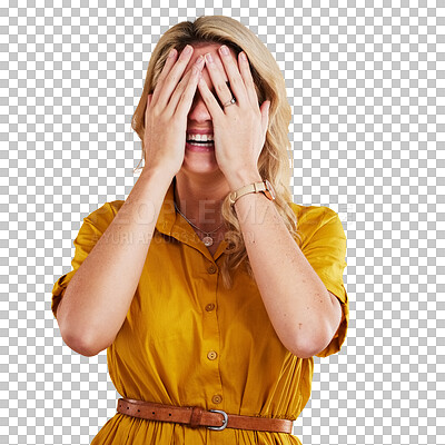 Comic, funny and embarrassed with a woman on a yellow background in studio laughing at a joke. Smile, comedy and humor with a person enjoying laughter or fun while covering her face in expression