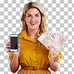 Portrait, smile and woman with phone and money in studio isolated on a yellow background mockup. Cellphone, euros and happiness of female person with cash after winning lottery, prize or competition