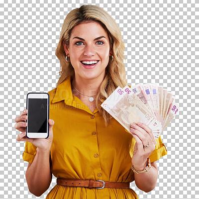 Buy stock photo Isolated woman, portrait and phone with money fan, smile and winning in competition by transparent png background. Girl, smartphone and trader with cash, fintech or prize for lotto, profit or revenue