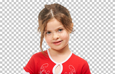 Buy stock photo Shy, girl and portrait of kid with smile for fashion, style and relax in transparent, isolated or png background. Happy, child and cute face with clothes for holiday, vacation or kids summer clothing