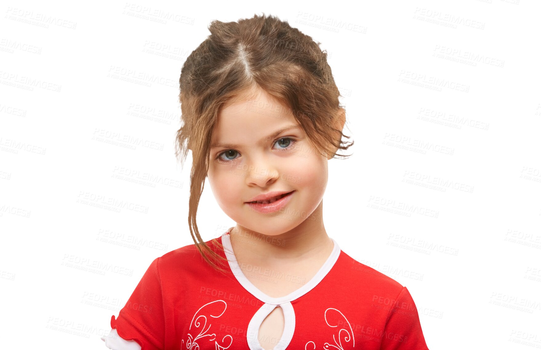 Buy stock photo Shy, girl and portrait of kid with smile for fashion, style and relax in transparent, isolated or png background. Happy, child and cute face with clothes for holiday, vacation or kids summer clothing