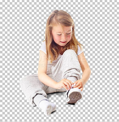 Buy stock photo Tie, girl on the floor or kid with shoelace, relax or travel with preparation, comfort or calm. Person, png or child with sneakers, toddler or travel with happiness isolated on transparent background