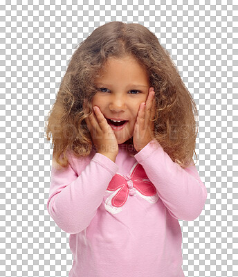 Buy stock photo Happy, portrait and girl with surprise, shock and wow emoji in transparent, isolated or png background. Shocked, face and child with reaction to news, announcement or promotion in fashion with style