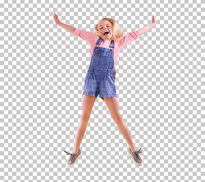 Happy, child and portrait of jump with energy, freedom or excited in transparent, isolated or png background. Girl, smile and leap and bounce with joy or playing with fashion, style or clothes