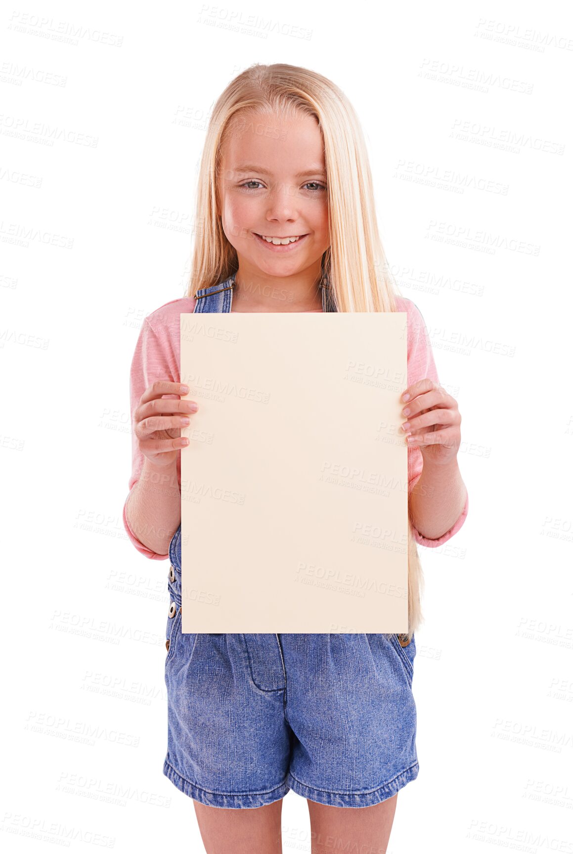 Buy stock photo Portrait, smile and kid with poster for mockup space, advertising and marketing. Happy girl child with banner, paper sign and promotion, information or flyer isolated on a transparent png background