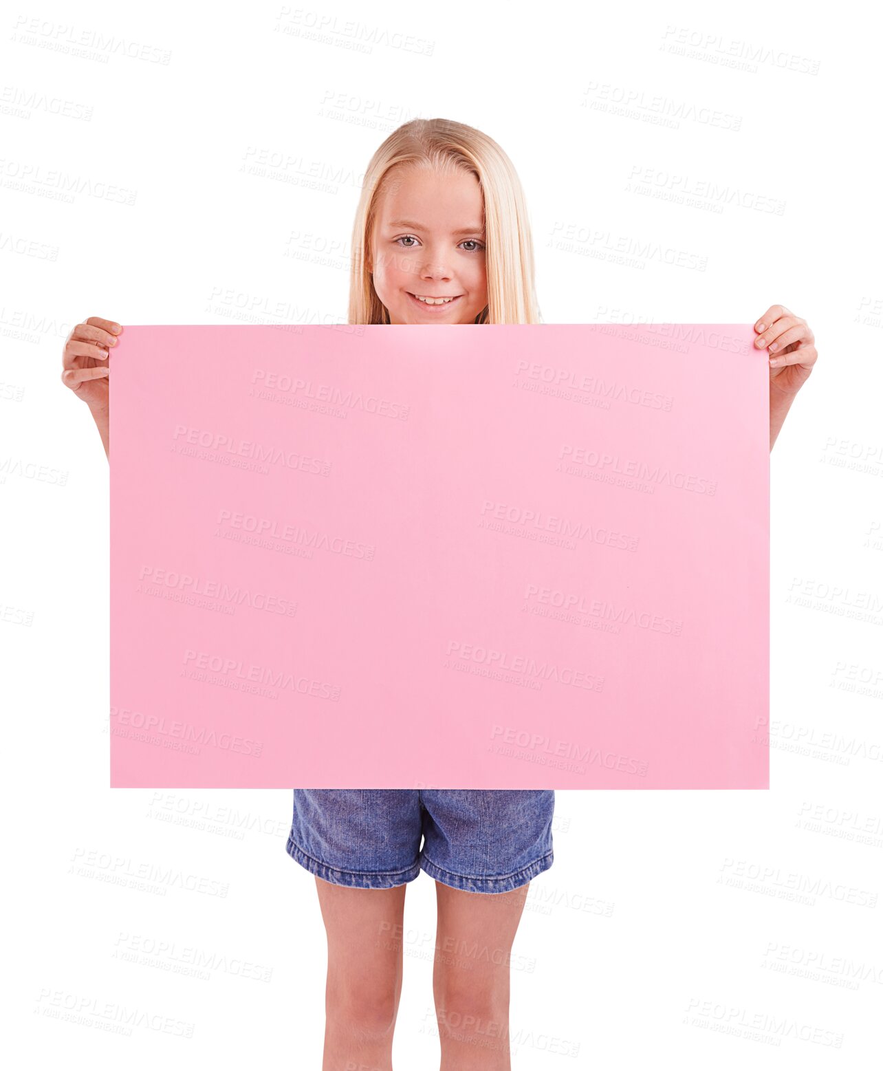 Buy stock photo Portrait, happy and kid with poster for mockup space, advertising and marketing. Girl child smile with banner, paper sign and promotion, information or flyer isolated on a transparent png background