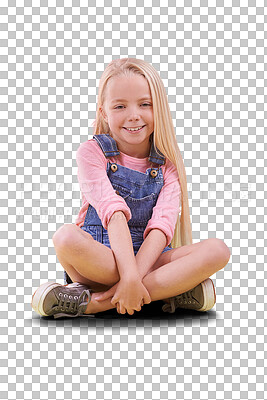 Buy stock photo Portrait, fashion and smile of child cross legged, sit on floor and isolated on a transparent png background. Happy, young blonde girl in clothes and style, trendy or cute and adorable in Switzerland