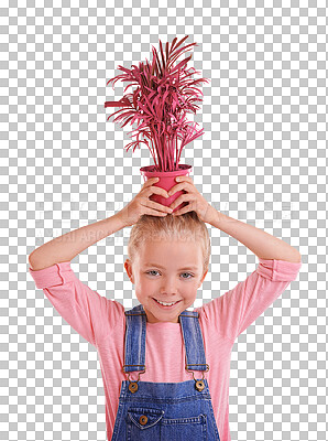 Buy stock photo Portrait, pot and child with plant on head isolated on a transparent png background. Happy kid balance potted  leaf, natural sustainability and gardening for ecology, cute girl and smile for growth