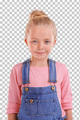 Buy stock photo Children, fashion and portrait of girl child with denim outfit on isolated, transparent and png background. Youth, clothing and face of kid model with trendy clothes, confidence and positive attitude