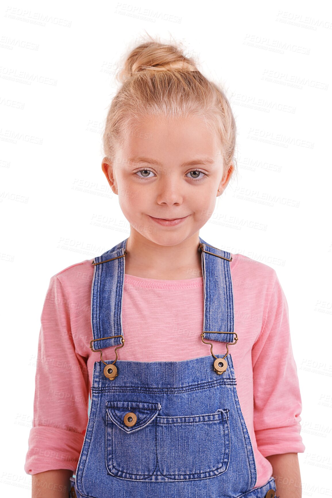 Buy stock photo Children, fashion and portrait of girl child with denim outfit on isolated, transparent and png background. Youth, clothing and face of kid model with trendy clothes, confidence and positive attitude