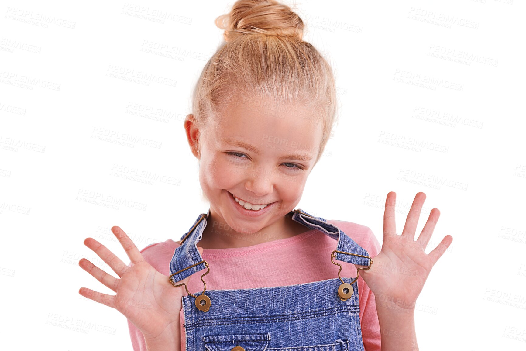 Buy stock photo Kids, fashion and portrait of girl with denim clothing on isolated, transparent or png background. Face, smile and cute kid model in trendy outfit, clothes or confidence, goofy or silly personality