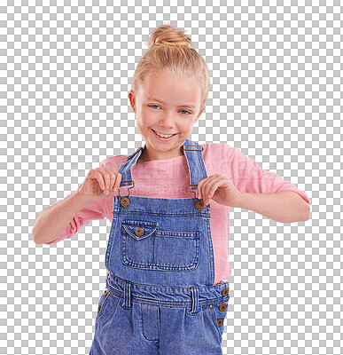 Buy stock photo Fashion, children and portrait of girl child with denim outfit on isolated, transparent and png background. Youth, clothing and face of kid model with trendy clothes, confidence and positive attitude