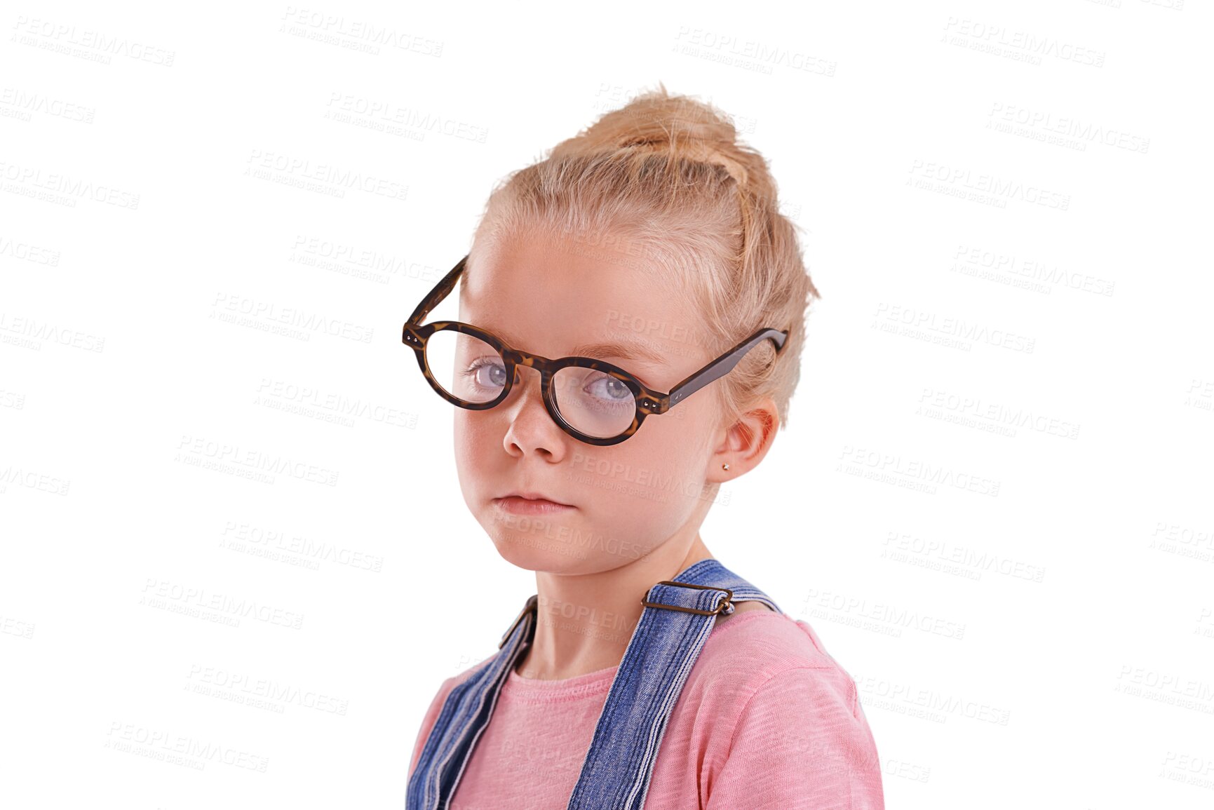 Buy stock photo Portrait, kid and girl with glasses, nerd and tired with fatigue isolated on a transparent background. Face, person and child with eyewear, png and clear vision with eyesight and looking hipster