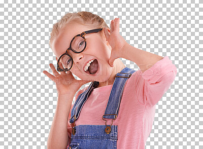 Buy stock photo Portrait, funny or girl with smile, kid and silly with glasses isolated on transparent background. Face, person or child with eyewear, laughing or humor with happiness, sight or see with goofy or png