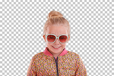 Buy stock photo Kid, portrait or fashion sunglasses for style, cool and trendy vision on isolated, transparent and png background. Face, girl or child youth with summer optometry, ophthalmologist and eye care frames