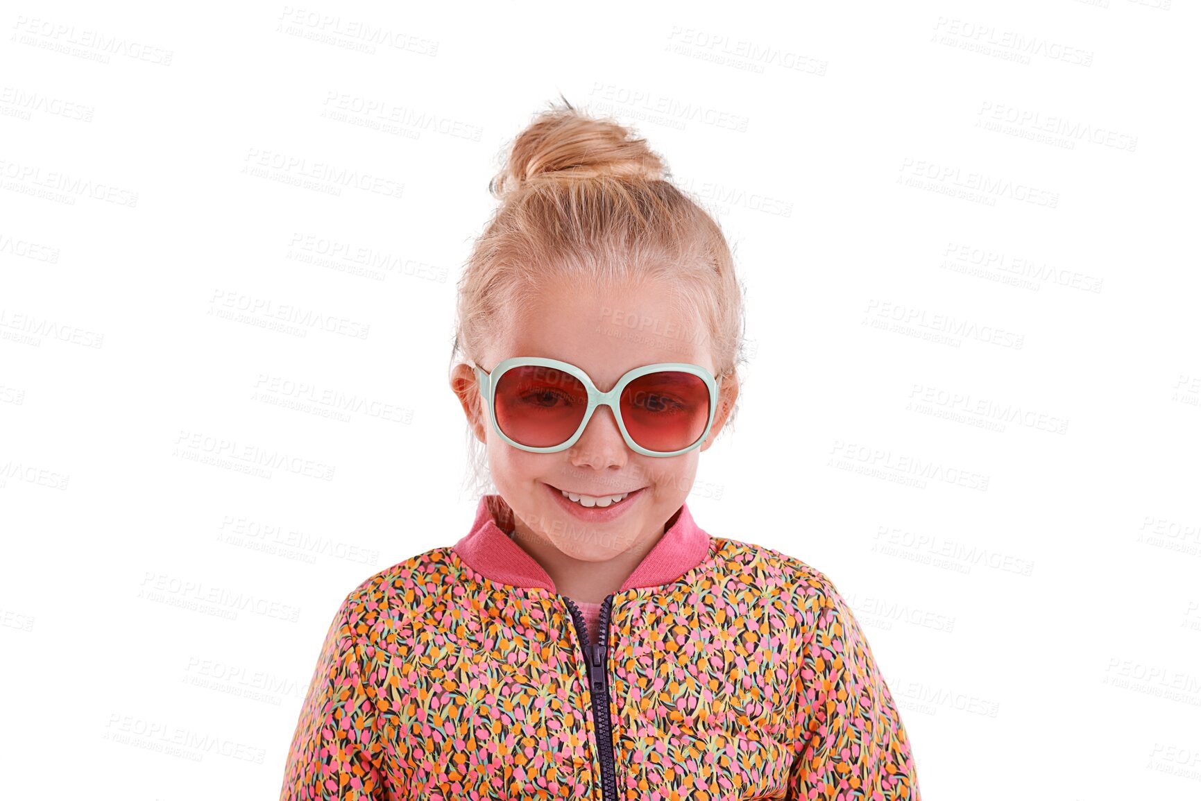 Buy stock photo Kid, portrait or fashion sunglasses for style, cool and trendy vision on isolated, transparent and png background. Face, girl or child youth with summer optometry, ophthalmologist and eye care frames