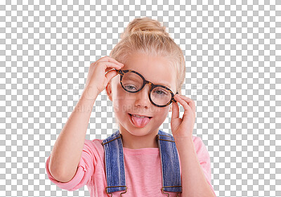 Buy stock photo Funny face, kid and tongue with fashion glasses for vision, optometry and eye care on isolated, transparent and png background. Portrait, girl and child with silly style, emoji and facial expression