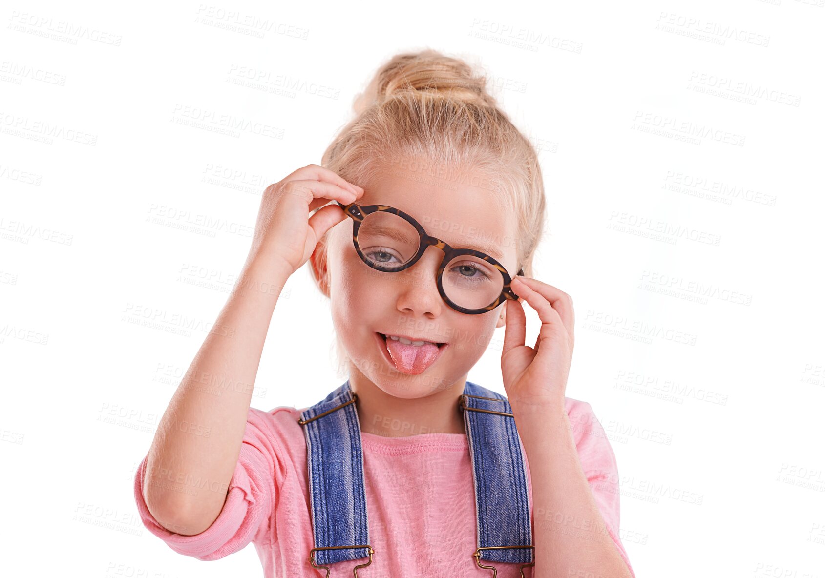 Buy stock photo Funny face, kid and tongue with fashion glasses for vision, optometry and eye care on isolated, transparent and png background. Portrait, girl and child with silly style, emoji and facial expression