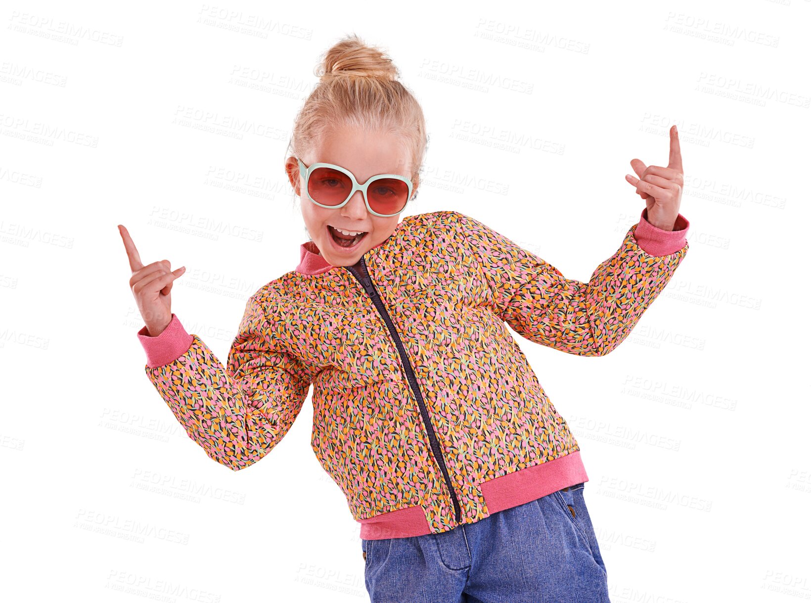 Buy stock photo Child, portrait and rock on hands in sunglasses for cool, style or trendy vision on isolated, transparent and png background. Fashion, girl and punk kid with summer frames, funny or hipster eye care