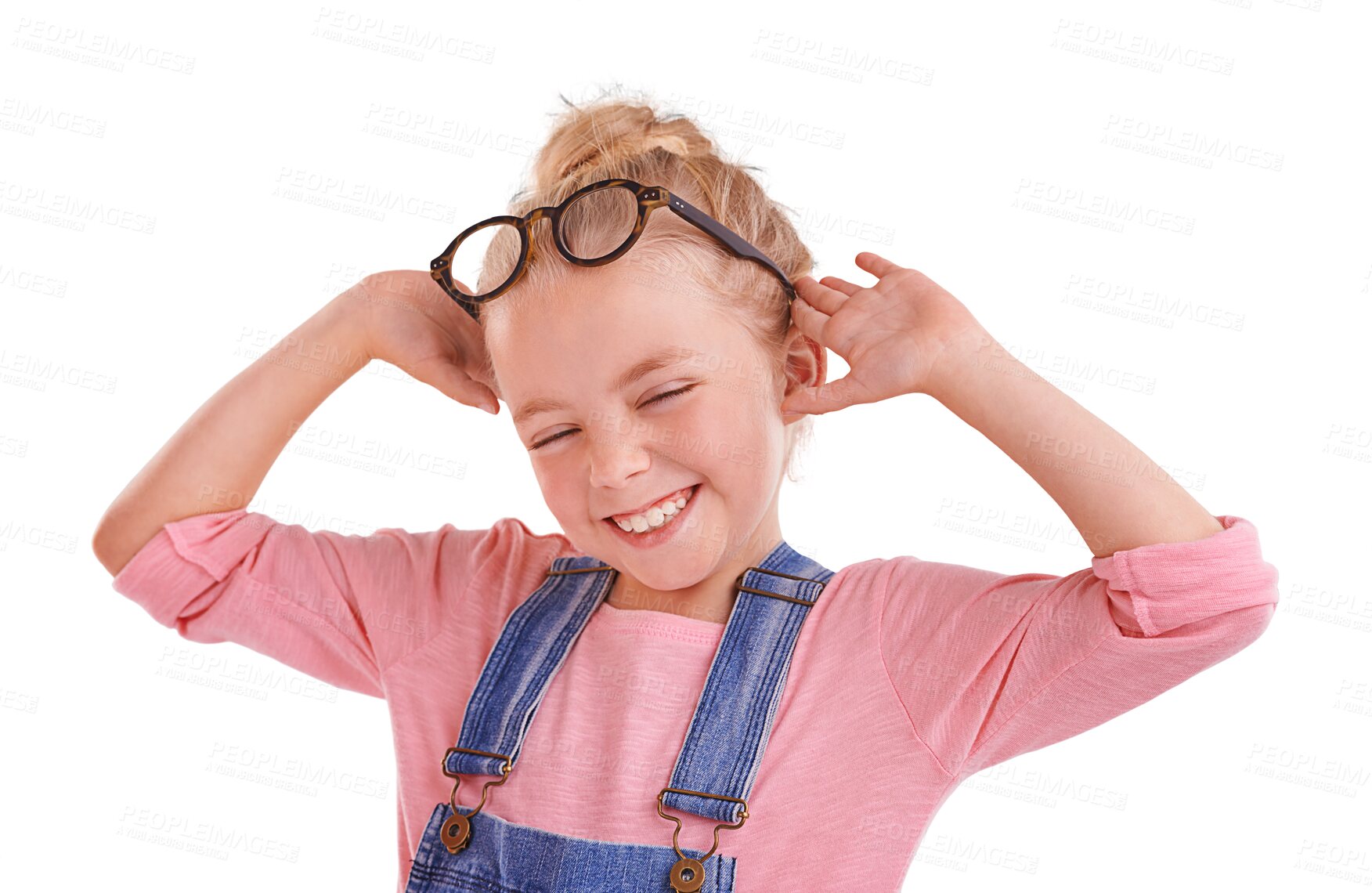 Buy stock photo Happy, kid or fashion glasses for vision, optometry or prescription eye care on isolated, transparent or png background. Smile, girl or child with style, cool and trendy optometry spectacles or frame