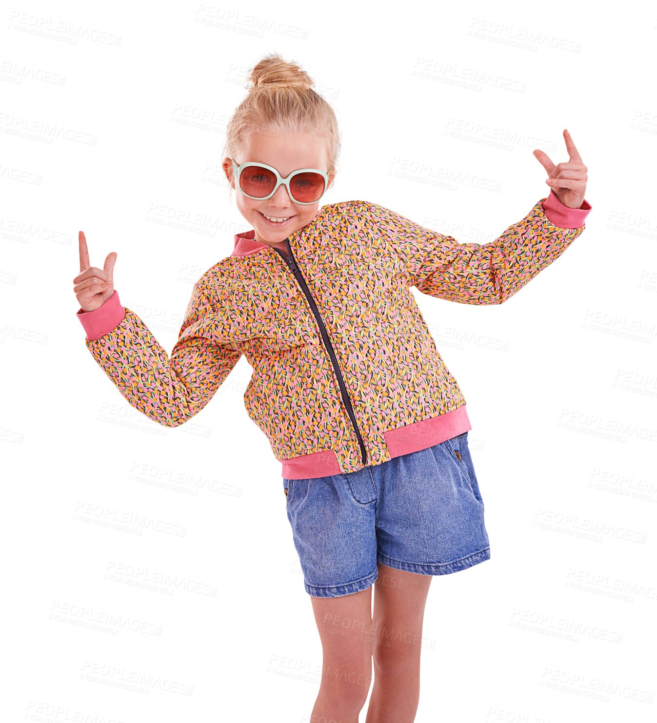 Buy stock photo Child, portrait or fashion sunglasses for cool, style and trendy vision on isolated, transparent or png background. Funny, girl or happy kid with summer optometry, attitude or hipster eye care frames