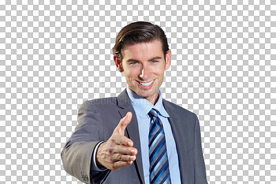 Buy stock photo Portrait, business man and handshake for offer, deal or opportunity, hr agreement or partnership. Face, smile and professional shaking hands for introduction isolated on a transparent png background