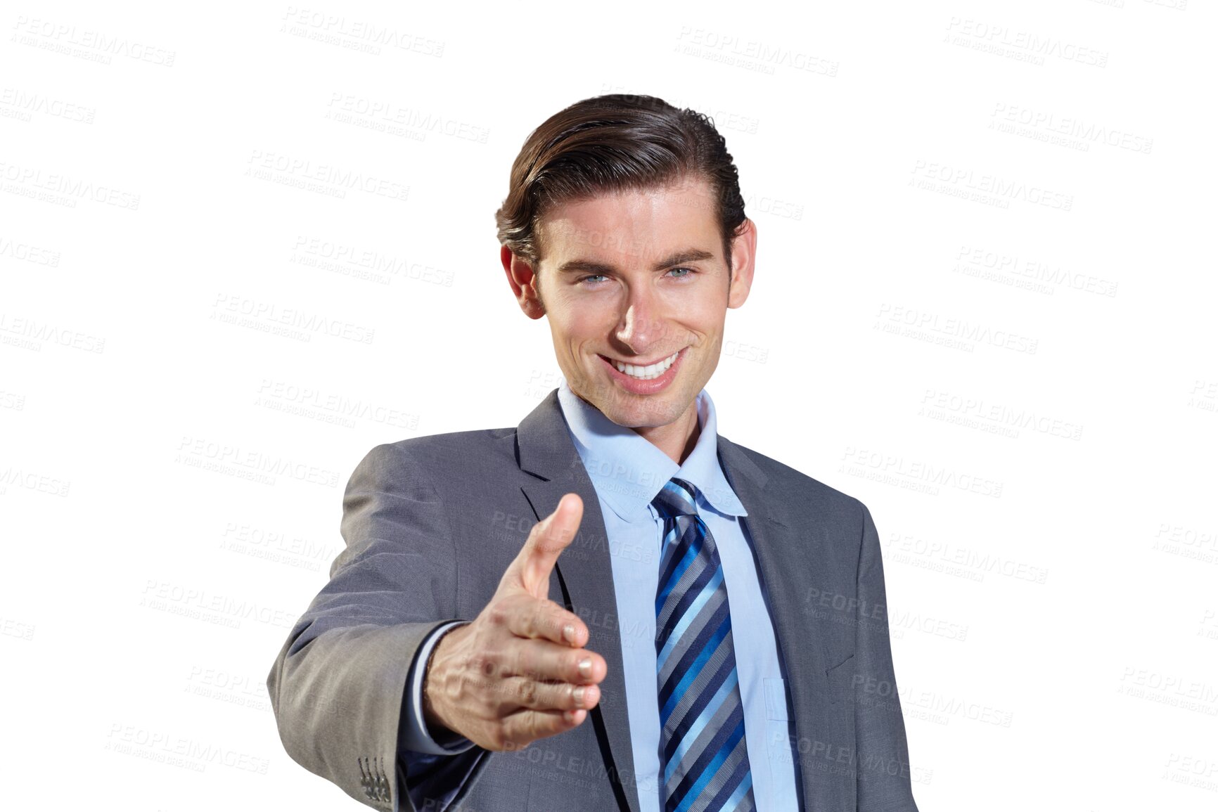 Buy stock photo Portrait, business man and handshake for offer, deal or opportunity, hr agreement or partnership. Face, smile and professional shaking hands for introduction isolated on a transparent png background