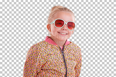 Buy stock photo Child, fun and fashion sunglasses for cool, style and trendy clothes on isolated, transparent and png background. Smile, happy and girl kid with youth, funky and hipster eye care, frames and vision