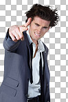 Business man, finger gun or portrait with messy suit, silly or mental health isolated on transparent background. Face, person or worker with wrinkled clothes, shouting or screaming with crisis or png