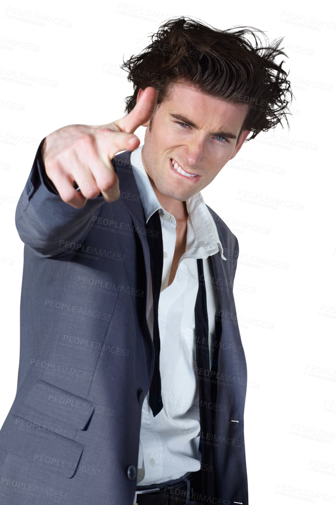 Buy stock photo Business man, finger gun and portrait with messy suit, silly or mental health isolated on transparent background. Face, person or worker with clothes, hungover or untidy with hand gesture and png