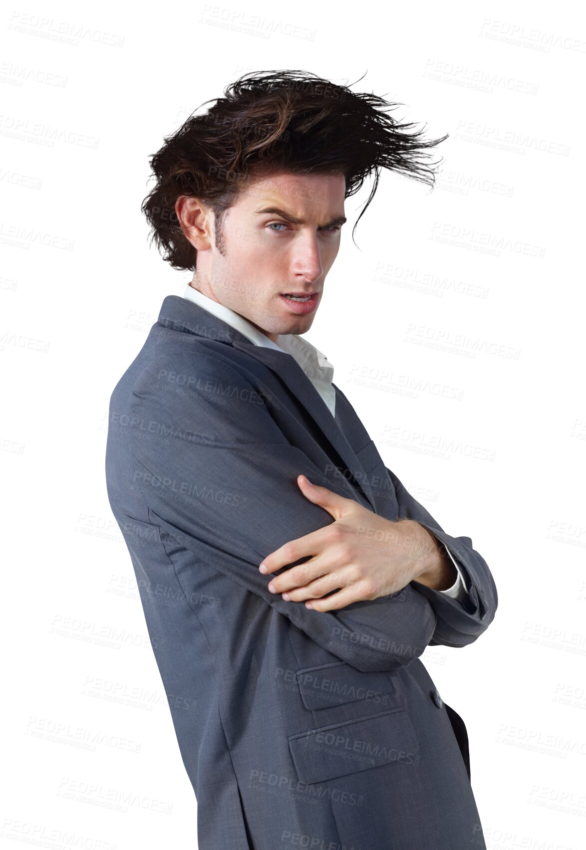 Buy stock photo Business man, crazy hair and portrait with arms crossed and model pose with suit and confidence. Wild hairstyle, male person and work fashion with cool style isolated on a transparent, png background