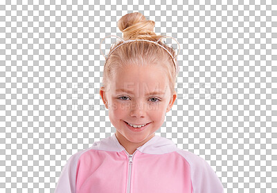 Buy stock photo Portrait, fashion and happy child in clothes isolated on a transparent png background. Smile, face of young blonde girl with style or trendy student, cute kid and adorable in tracksuit in Switzerland