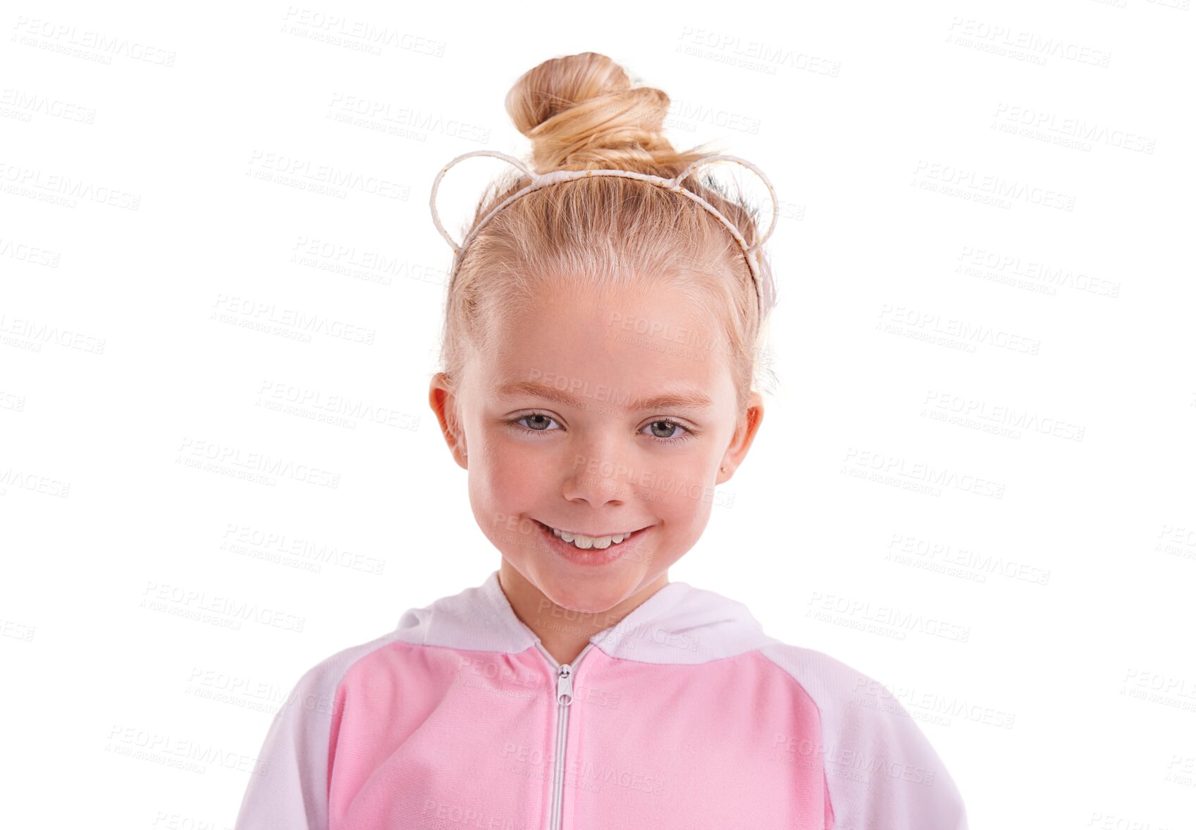 Buy stock photo Portrait, fashion and happy child in clothes isolated on a transparent png background. Smile, face of young blonde girl with style or trendy student, cute kid and adorable in tracksuit in Switzerland