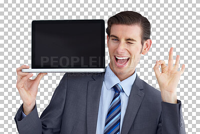 Buy stock photo Businessman, portrait and laptop with happy wink or ok sign of entrepreneur, excited and technology. Person, smile face or corporate professional in startup or isolated on transparent png background