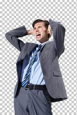 Buy stock photo Depression, stress and shouting business man with anxiety on isolated, transparent or png background. Angry, scream and frustrated entrepreneur with fail, mistake or mental health, crisis and trauma